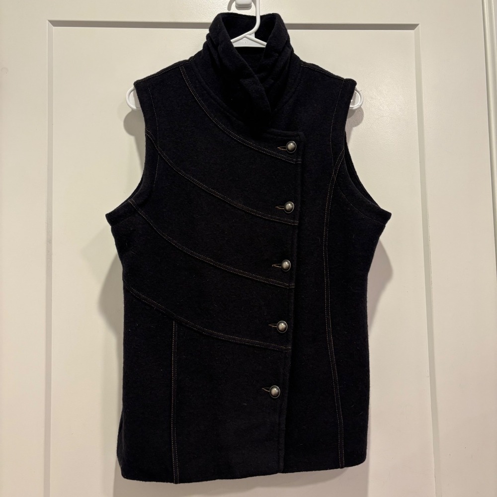 Icelandic Design Womens Black Wool Blend Asymmetrical Button Funnel Neck Vest L
